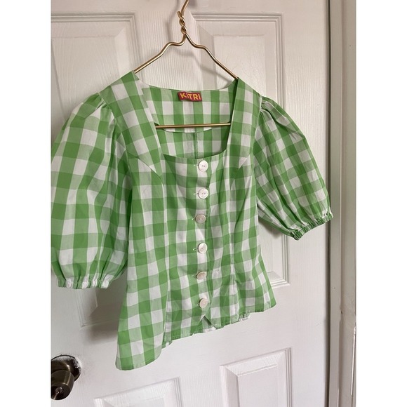 KITRI Green Plaid Gingham Cotton Top US 2 Retro Cottagecore Puff Sleeve Festival - Picture 4 of 9